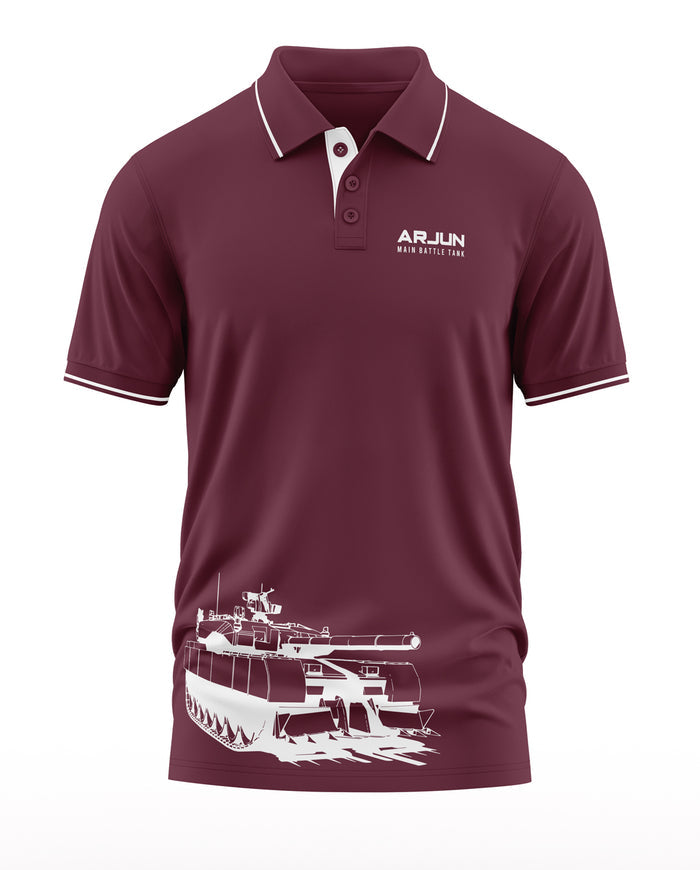 Maroon polo t-shirt with white piping, 'ARJUN Main Battle Tank' text and tank graphic print.