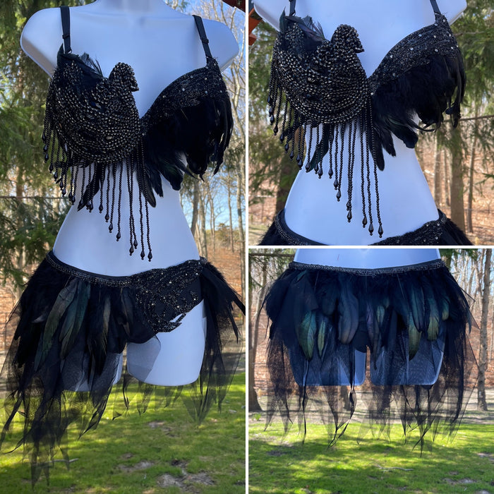 Black Feather Rhinestone Prima Ballerina Rave Bra and Skirt Bottom