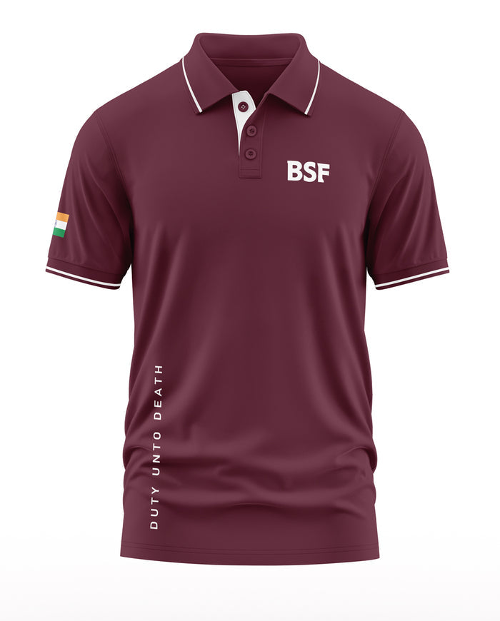 Maroon men's polo t-shirt with BSF logo, India flag patch, and 'Duty Unto Death' text.