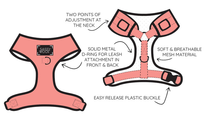 Diagram of the Sassy Woof Dog Two Piece Bundle - MLB™ x Peanuts™ Houston Astros™, a pink Snoopy harness with two neck adjustment points, soft breathable mesh, sturdy metal D-rings front/back, and an easy-release plastic buckle.