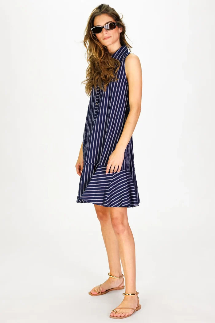 Duffield Lane Sleeveless Iris Dress - Navy Linen Stripe