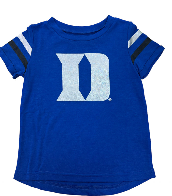 A blue short-sleeved toddler girl's t-shirt with the Duke Blue Devils logo on the front and black and white striped details on the shoulders.