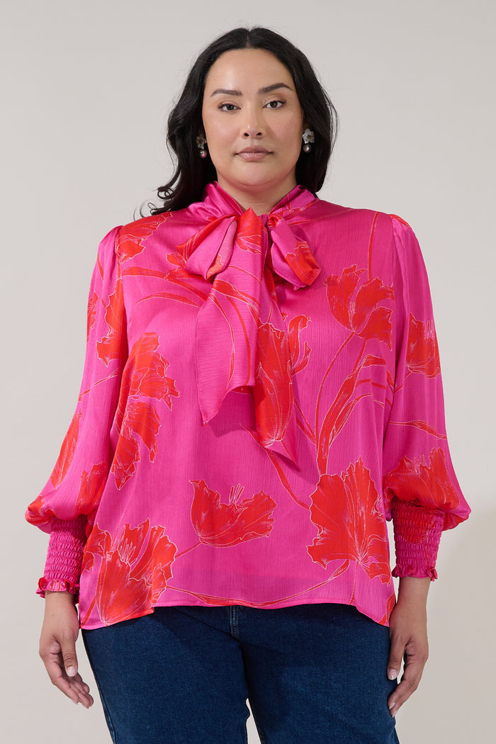 Etienne Tie Neck Long Sleeve Blouse Gleny Floral Curve