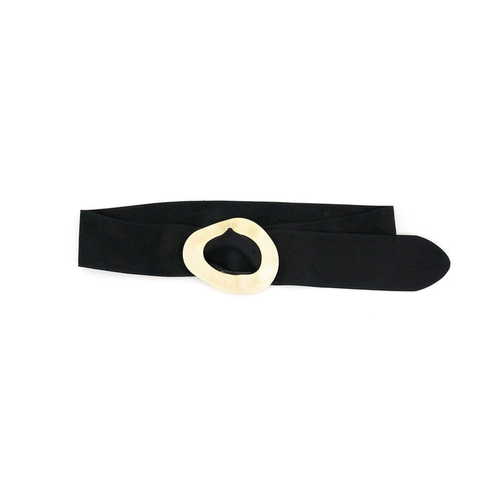 Black belt with a gold ring buckle on a white background