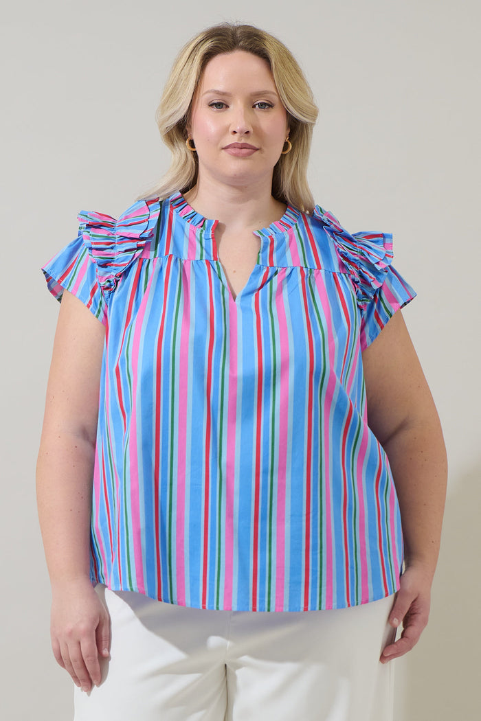 Jaimie Stripes Ramona Ruffle Split Neck Top Curve
