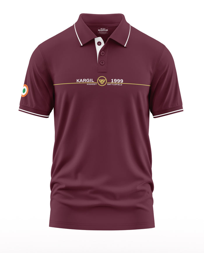 Maroon men's polo t-shirt with Kargil 1999 print and Indian flag emblem on the sleeve