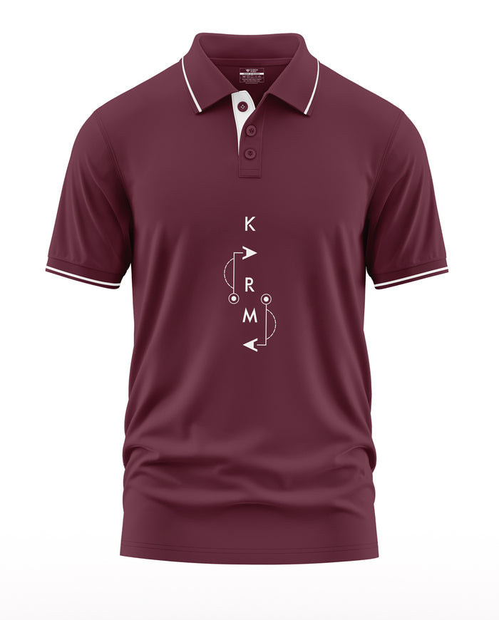 Maroon men's polo t-shirt with white piping and geometric 'KARMA' print on front