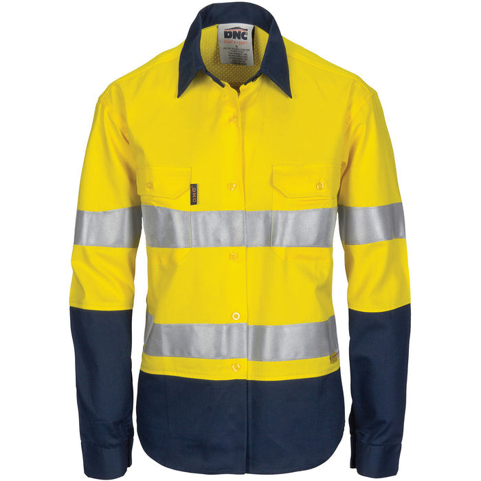 Ladies Hi Vis 3 Way Cool-breeze Cotton Shirt With Gusset Sleeve, 3m R/Tape - Long Sleeve 3749