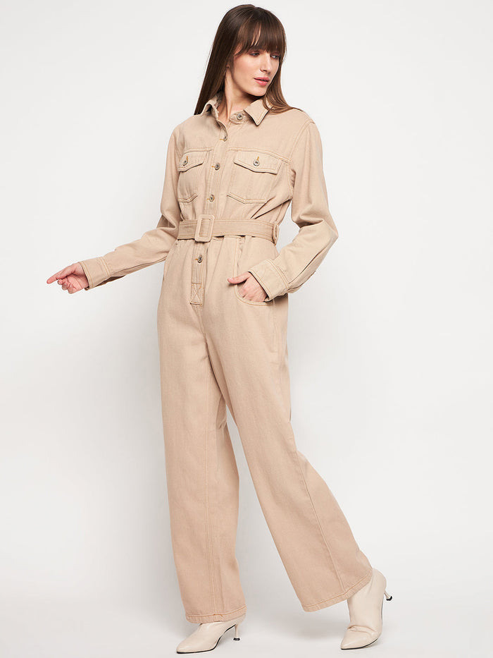 Madame Beige Belted Cargo Jumpsuit