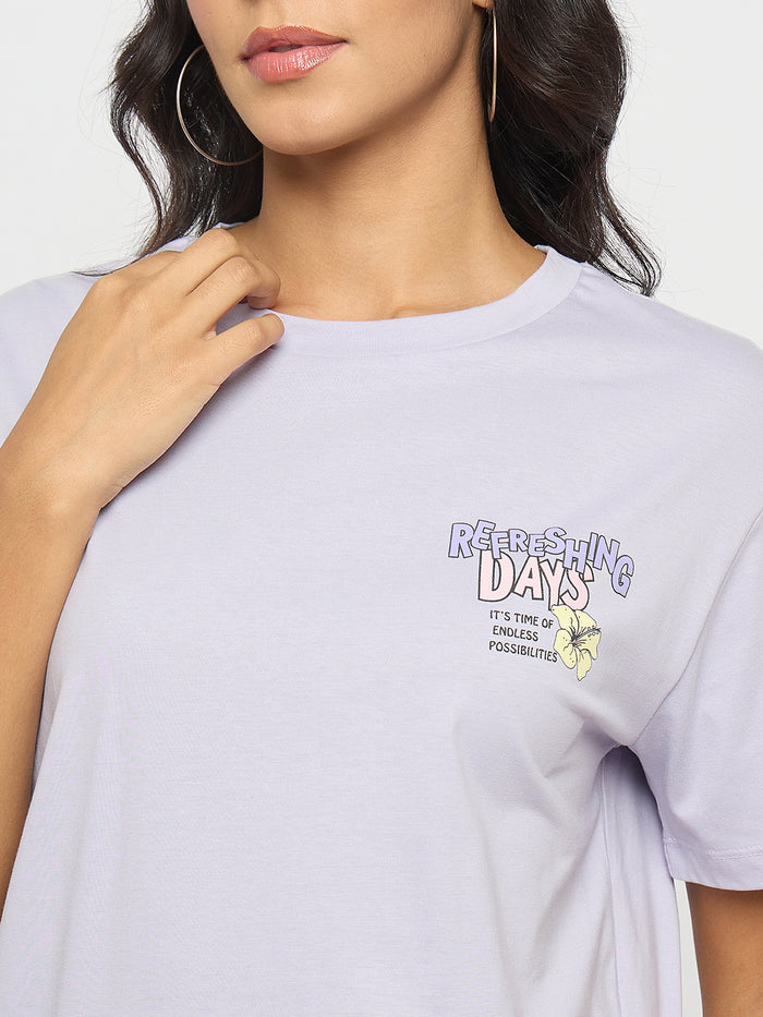 Madame Graphic Print Adorned Lilac Cotton T-shirt