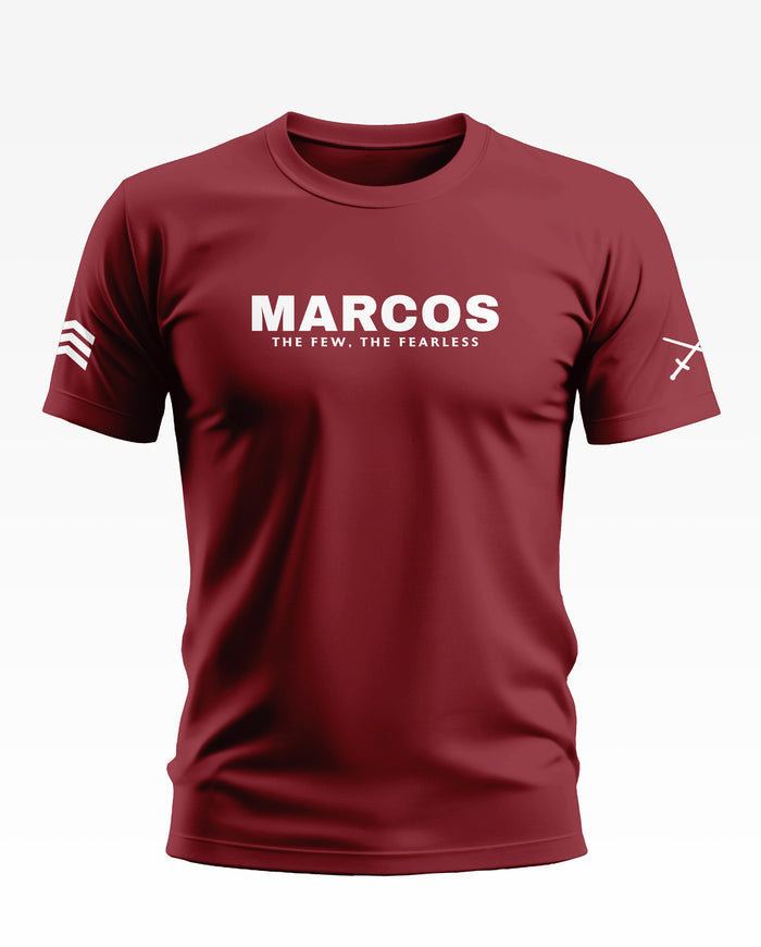 Maroon men's t-shirt with 'MARCOS The Few, The Fearless' text and military-style sleeve prints