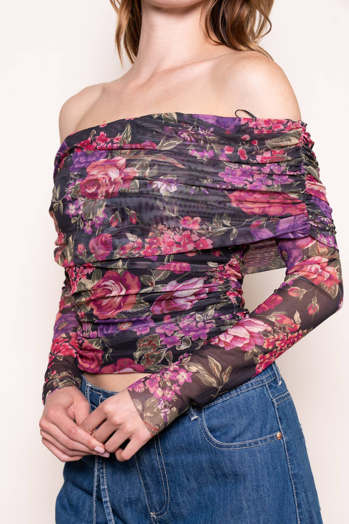 Style the Mesh Floral Print Off The Shoulder Top exclusively at Born To Glam