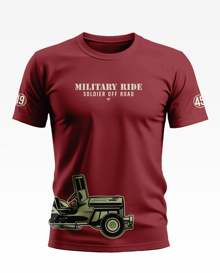 Maroon men's t-shirt with 'Military Ride Soldier Off Road' text and army jeep graphic