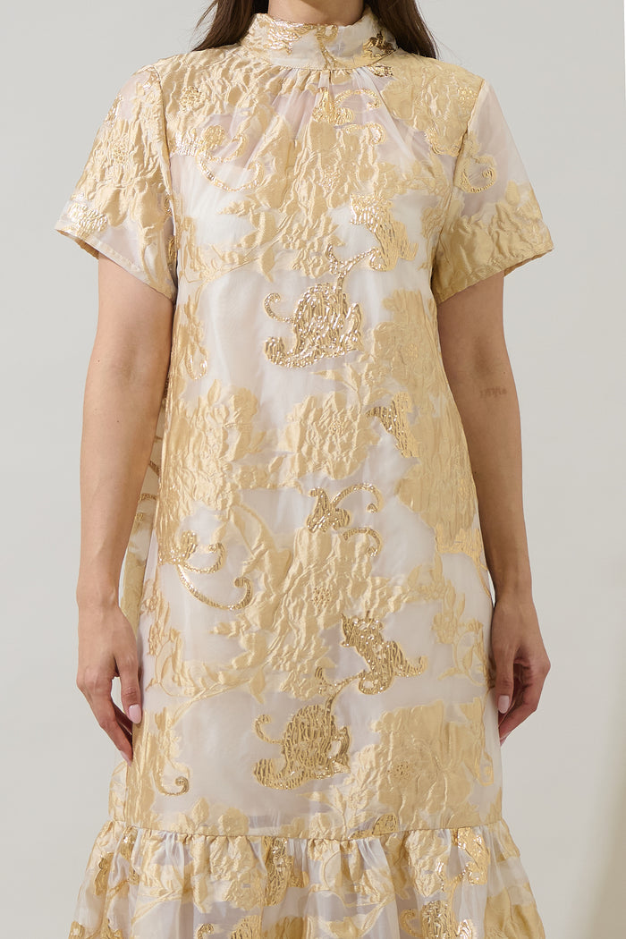 Mimy Floral Dime Organza Mockneck Maxi Dress