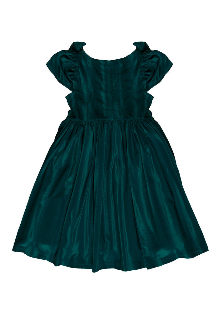 Back of green velvet dress with bodice detail on white background