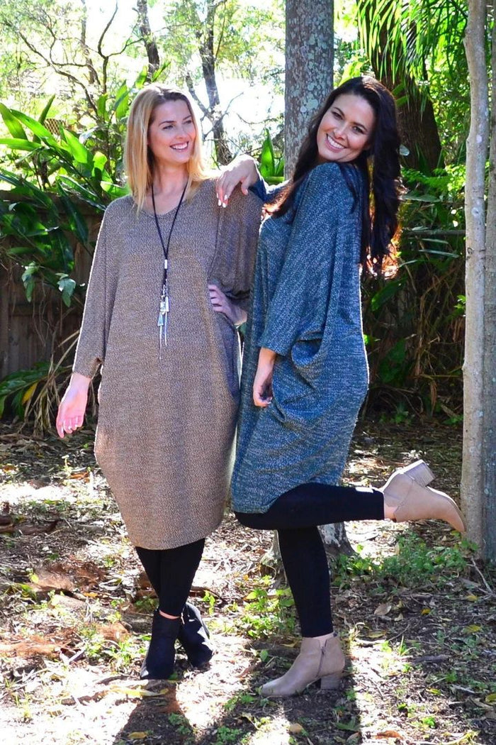 Mocha brown textured knit tunic dress by Lilia Whispers, featuring a cozy, stylish knit fabric and a relaxed fit.