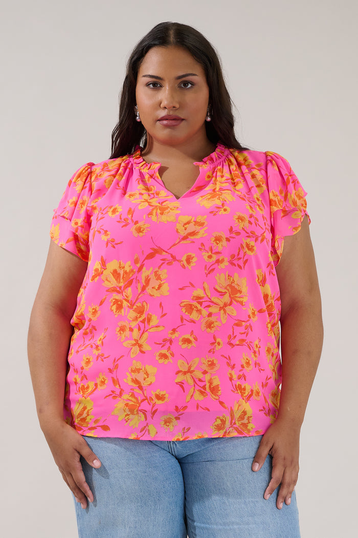 Montie Ruffle Blouse Hot Rod Floral Curve