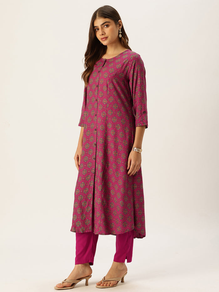 Pink & Green Printed Kurta with Trouser & Dupatta