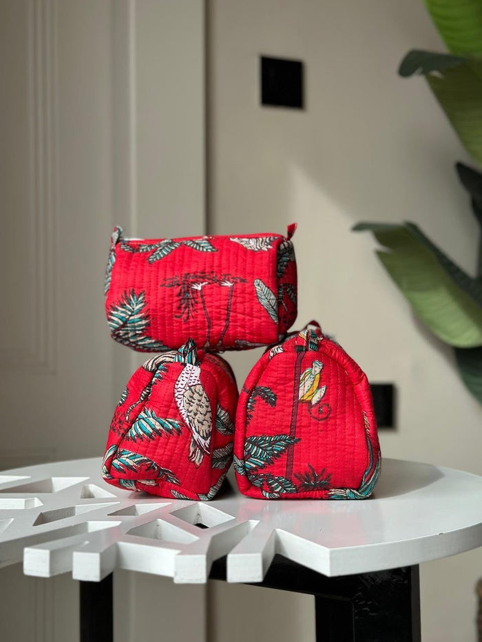 Quilted Toiletry Bags- Red Jungle