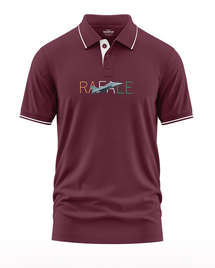 Maroon polo t-shirt with jet fighter and RAFALE text graphic, short sleeves, white trim
