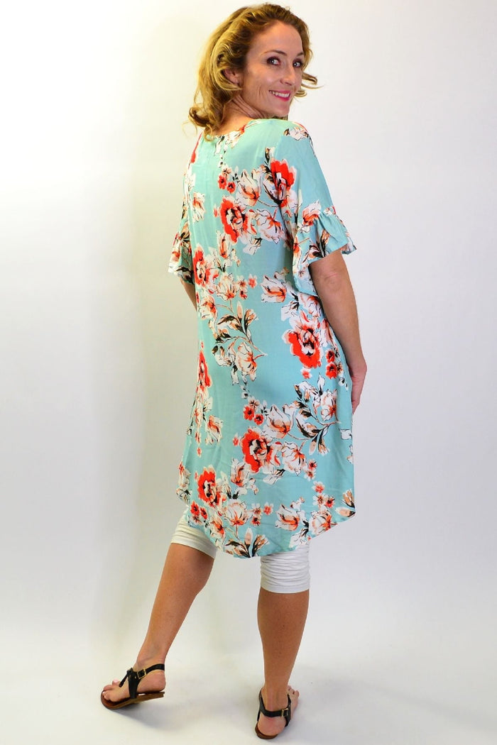 Sage green ruffle cuff tunic slip dress by I Love Tunics, featuring a lightweight fabric and ruffle details at the cuffs.