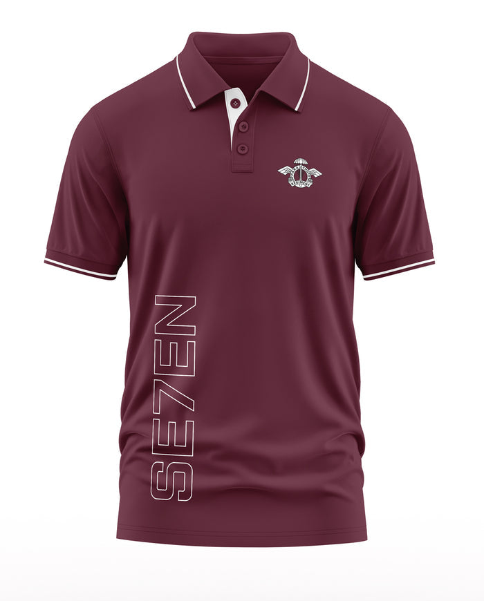 Maroon men's polo t-shirt with white collar trim, SE7EN text, and winged badge on chest
