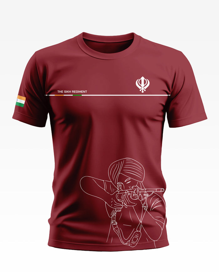 Maroon t-shirt with Sikh Regiment text, Khanda symbol, Indian flag sleeve patch, and line art of a soldier aiming a rifle