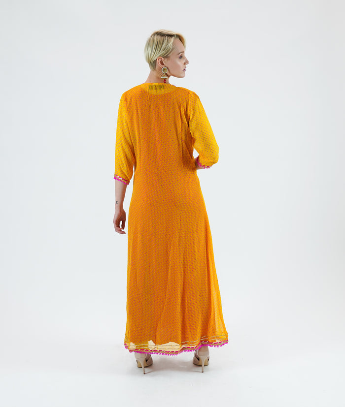 Silk Chiffon Two Piece Fuchsia Pink And Canary Yellow Gown