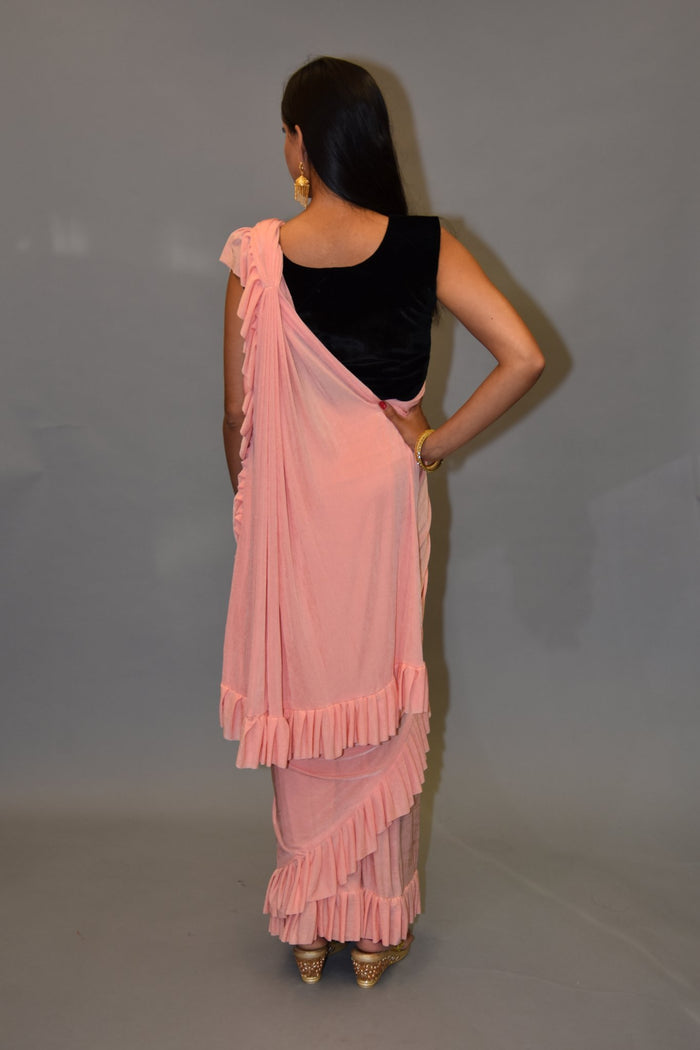 Silk Flamingo Pink Pleated Ruffle Saree