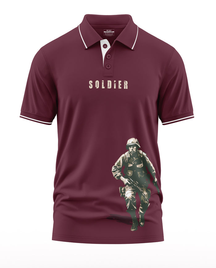 Maroon men's polo t-shirt with 'Soldier' text and army print, military graphic design