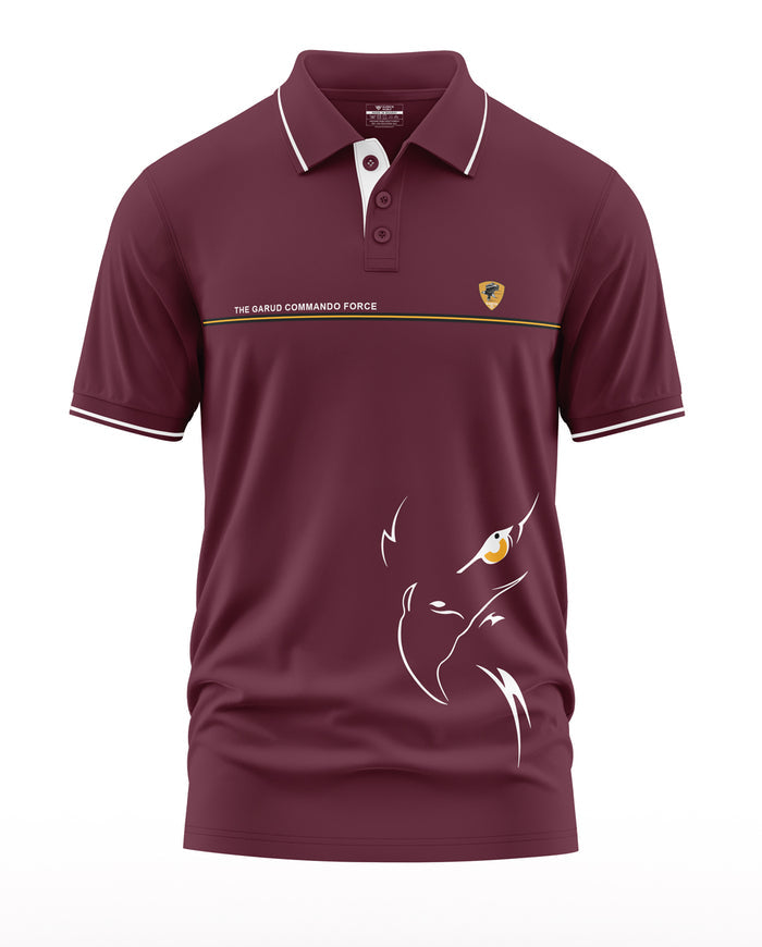 Maroon polo t-shirt for men with Garud Commando Force text, yellow crest, and white eagle graphic
