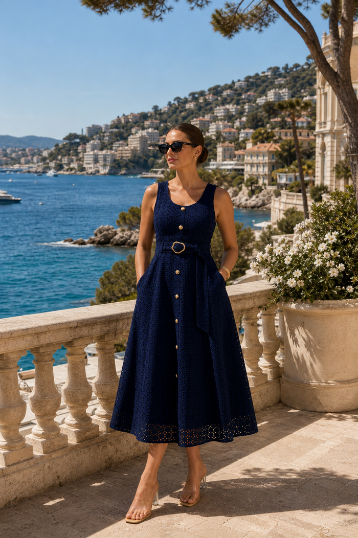 The Monaco Eyelet Midi Dress - Navy