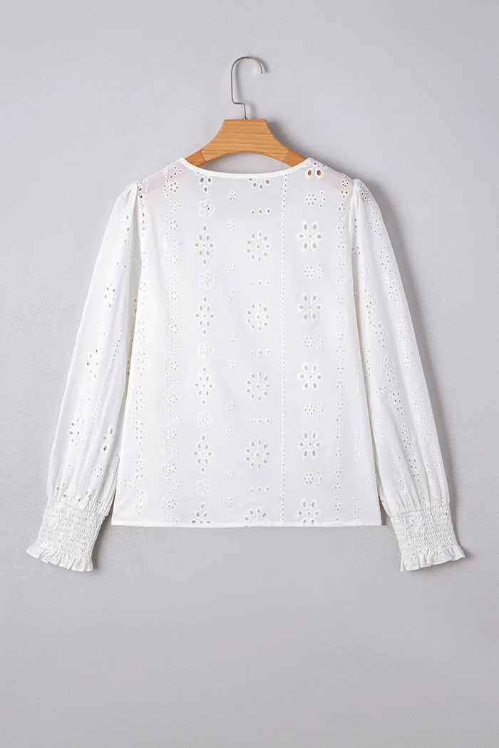 White Eyelet Embroidered Smocked Cuff Sheer Blouse - Tops/Blouses & Shirts