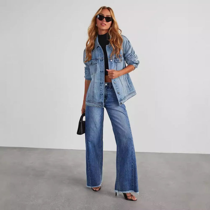 Blue denim jeans for women with high waist design and practical pocket detail for everyday outfits for a closer product view.