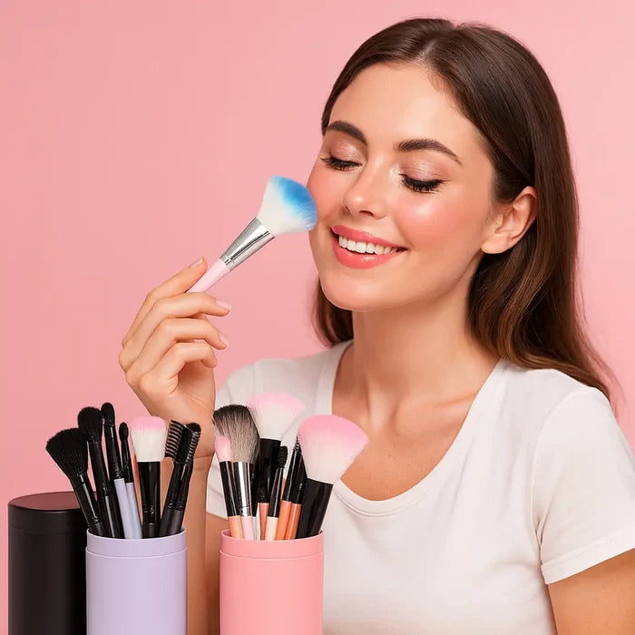 Woman applying makeup with a blue-tipped brush from a 12-piece makeup brush set in pastel holders.