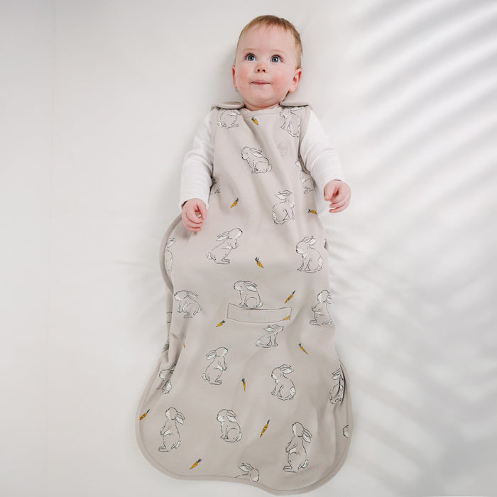 Baby in a beige sleep bag with Bunny pattern on a white background