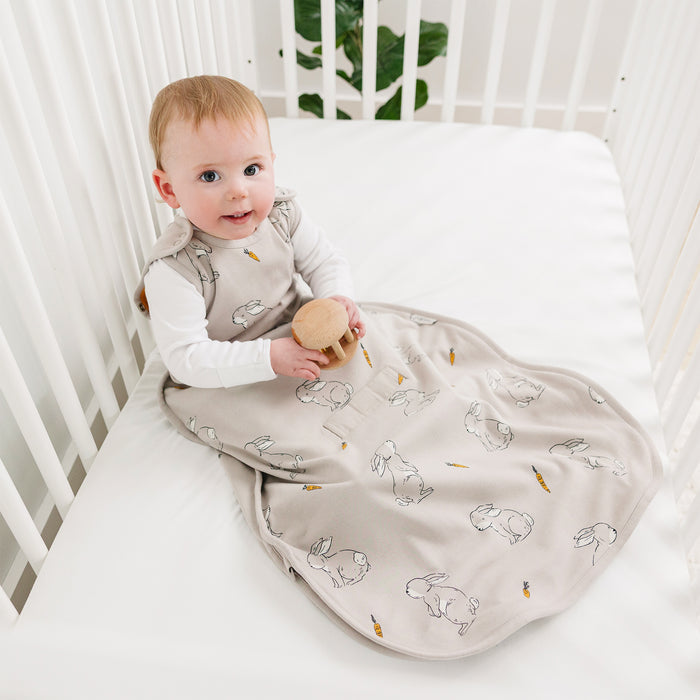 Baby in a crib wearing a beige sleep sack with Bunny prints, holding a wooden toy.