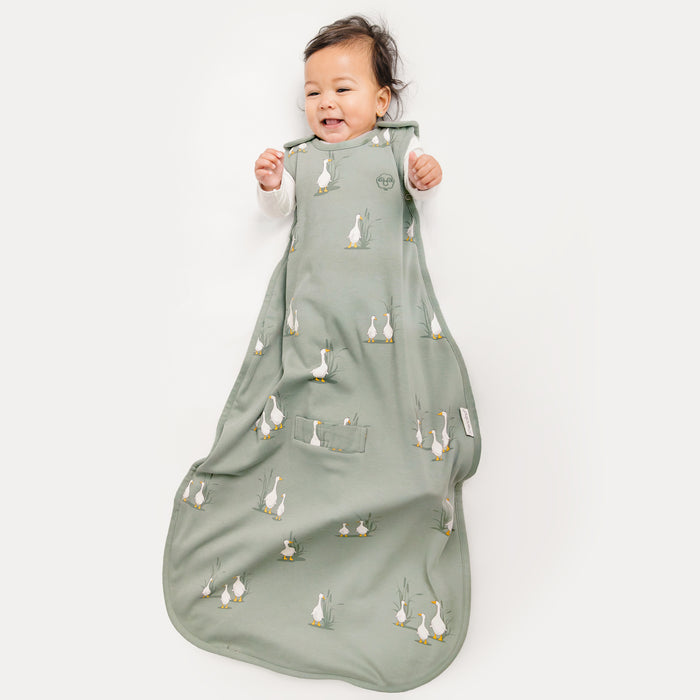 Baby wearing a green sleep bag with duck pattern on a white background
