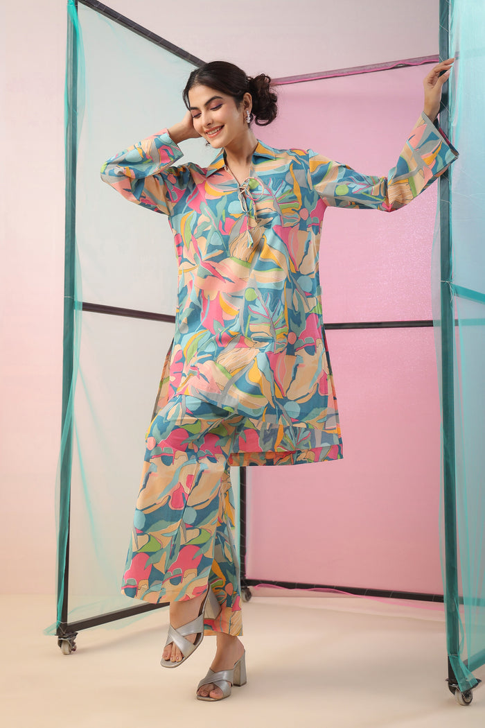 Abstract Art On Blue Cotton Palazzo Loungewear Set