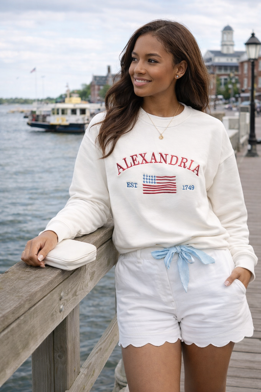 Alexandria Embroidered Flag Crewneck - White