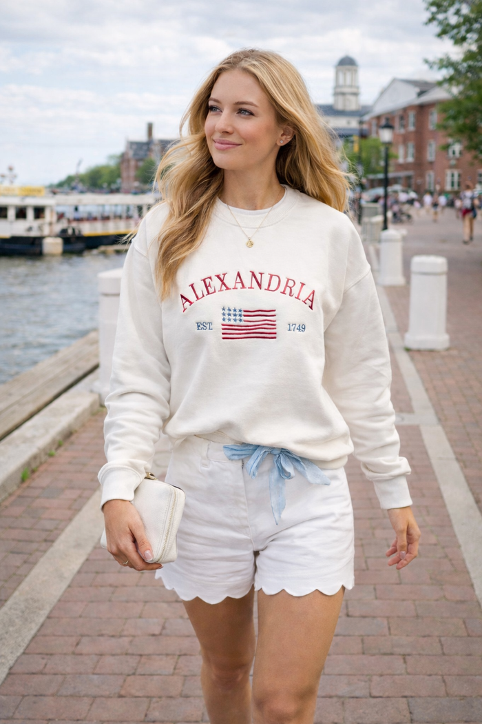 Alexandria Embroidered Flag Crewneck - White
