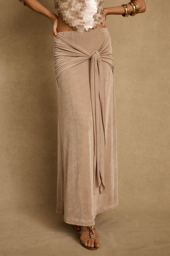 Almara Champagne Maxi Skirt styled in a complete look from an alternate angle.