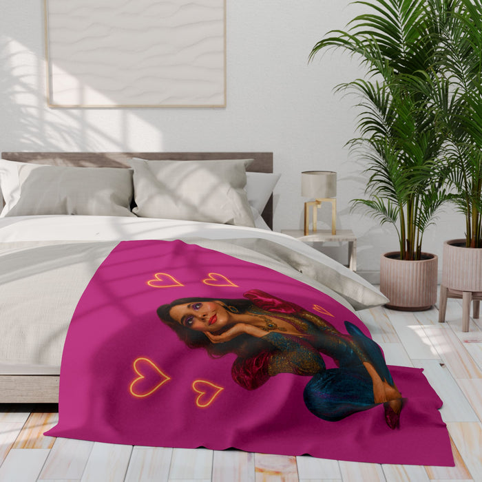 Arctic fleece blanket with colorful heart artwork designed for beds, sofas, bedrooms and living room decor as a decor accent.
