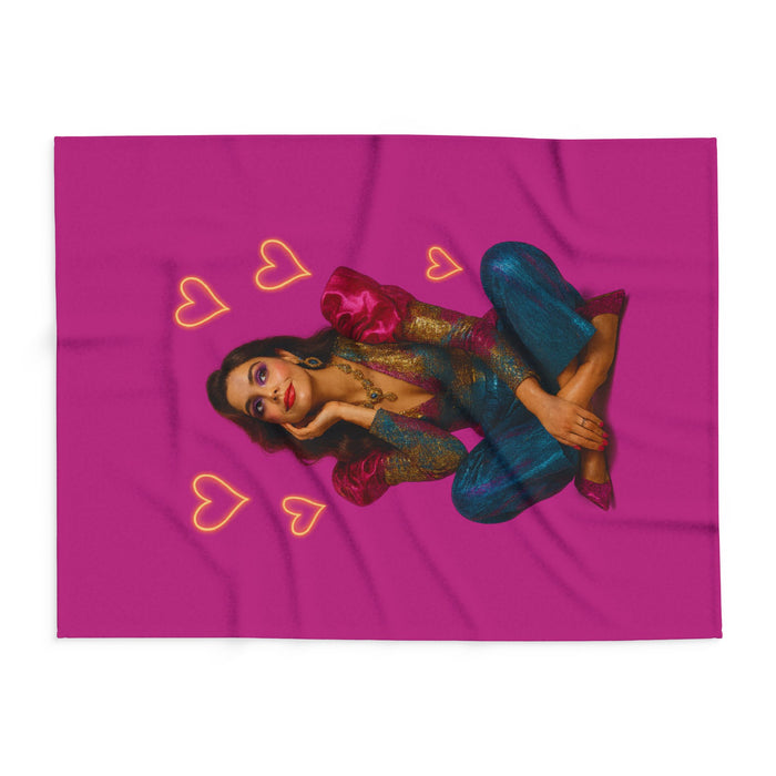 Colorful heart throw blanket displayed as a decorative fleece layer for bedrooms, living rooms, beds and sofas in home decor.