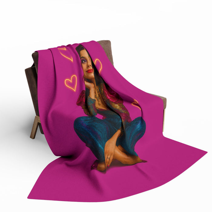 Decorative fleece blanket featuring a bright heart pattern and three listed size options for bedroom and everyday room decor.