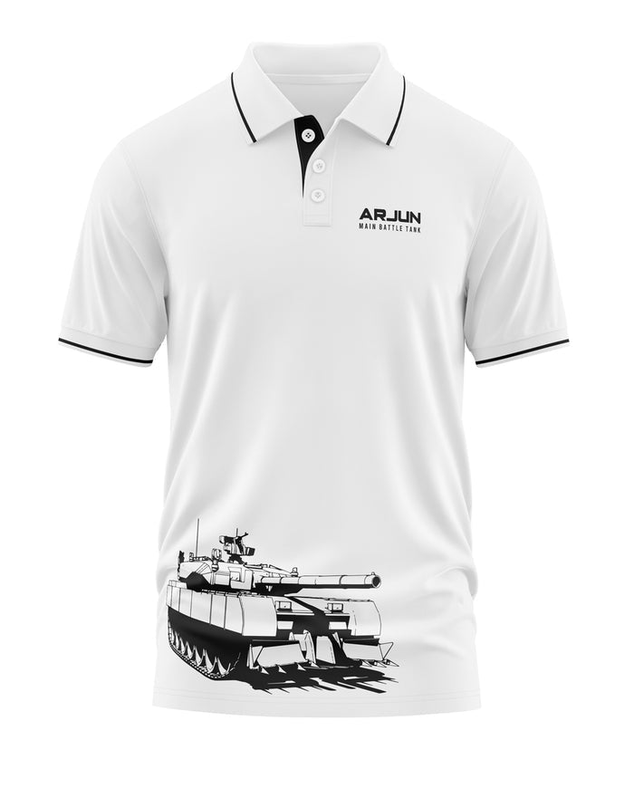 White polo t-shirt with black collar, Arjun main battle tank graphic and text on chest and hem