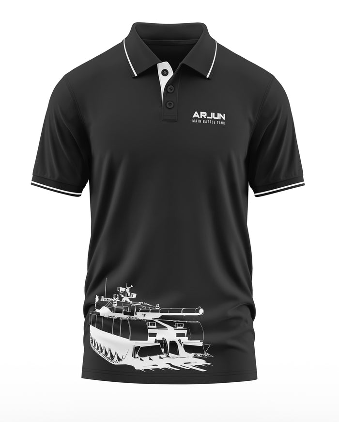 Black men's polo t-shirt with white tank graphic and ARJUN MAIN BATTLE TANK text on chest
