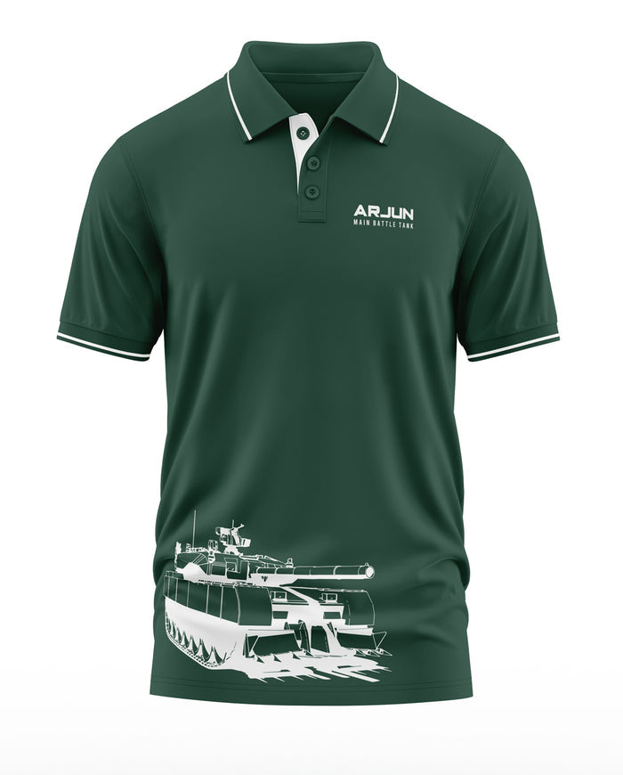 Dark green men's polo t-shirt with white Arjun Main Battle Tank print and contrast trim