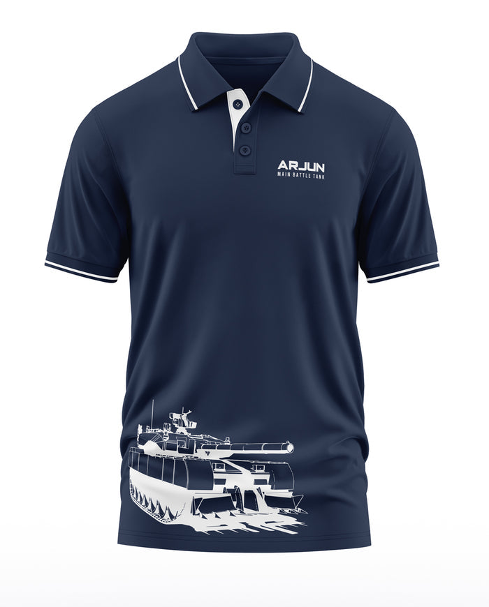 Navy blue men's polo t-shirt with Arjun main battle tank graphic and white accents