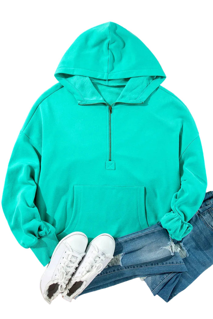 Shop Aruba Blue Fleece Lined Half Zipper Kangaroo Pockets Loose Hoodie at eAura